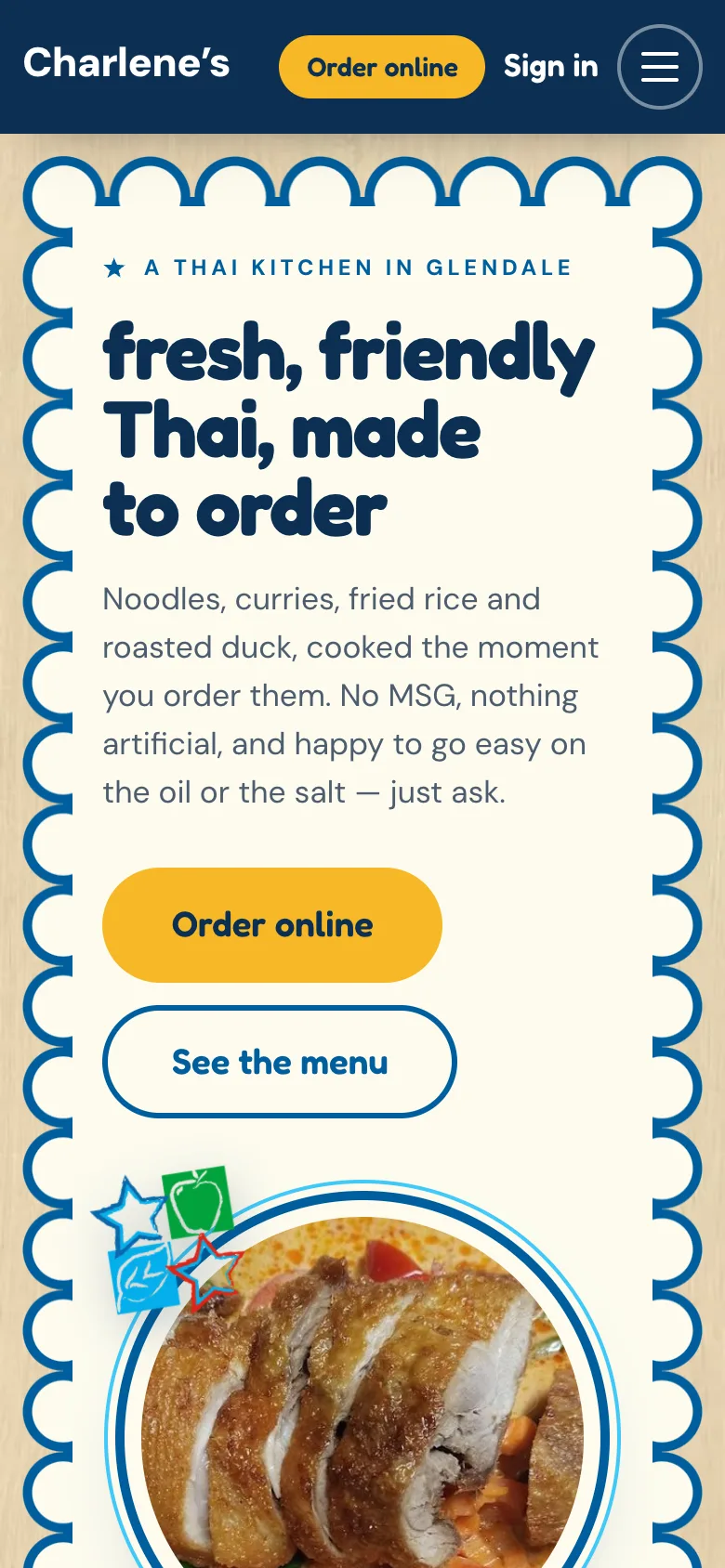 Charlene’s website on a phone: the same design, the headline and the Order online button.