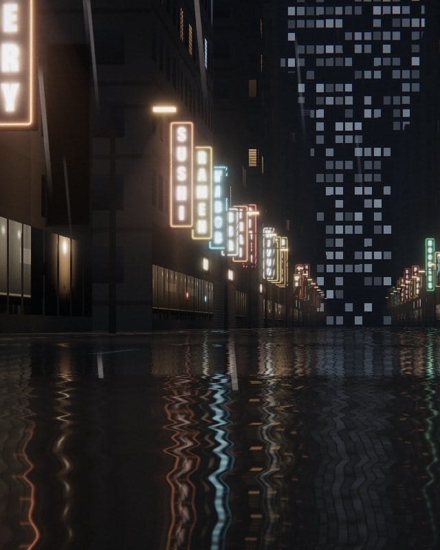 Illustration: a long wet street of restaurants at night, a cold tower at its far end.