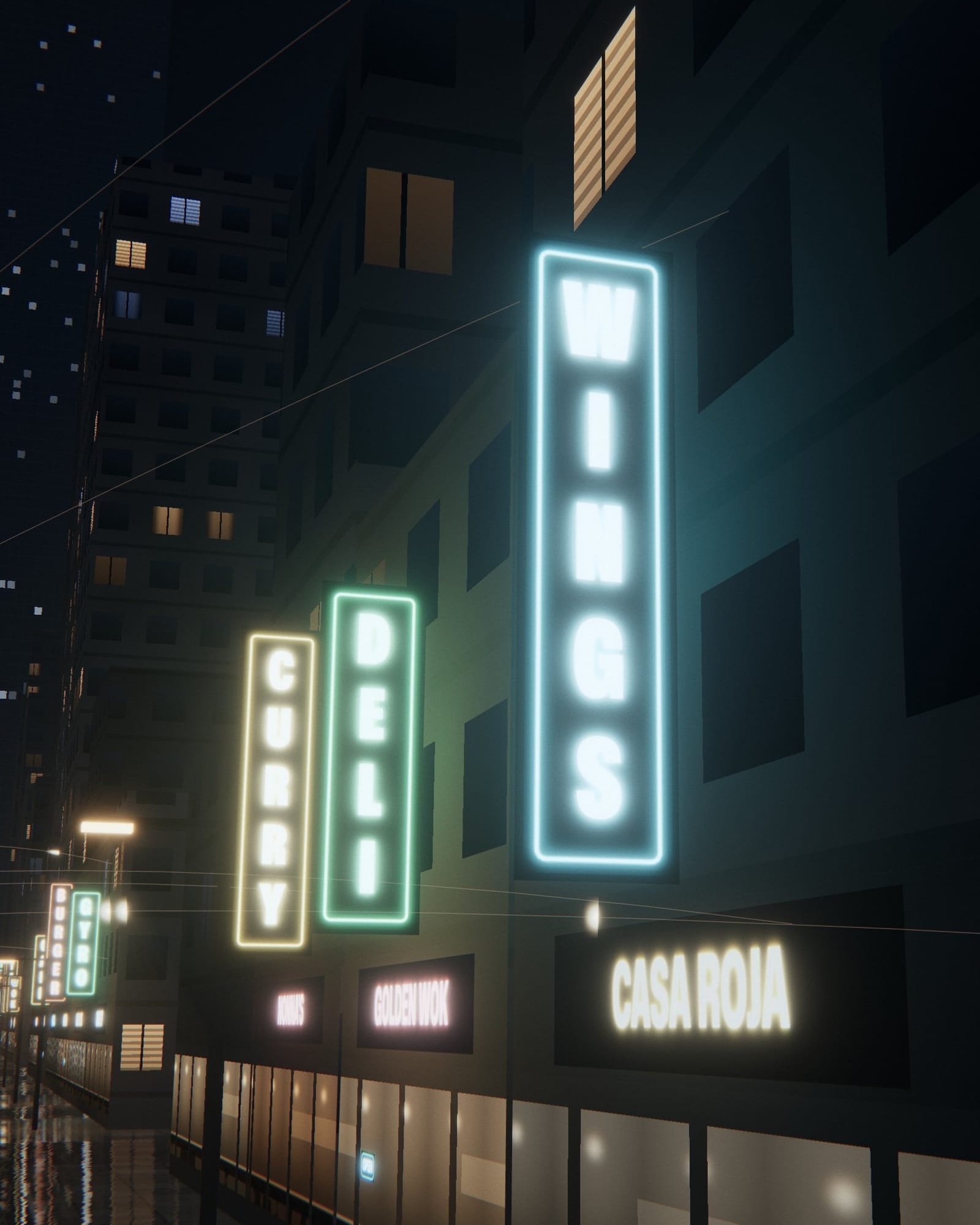 A cyan WINGS sign over a counter restaurant at night.